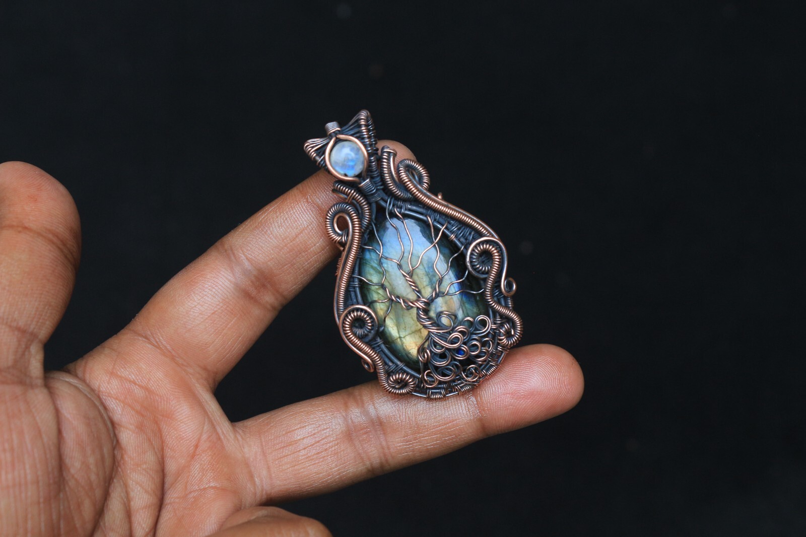 Yellow Fire Labradorite Copper Wire Wrap Tree Of Life Pendant Jewelry Gift NK547