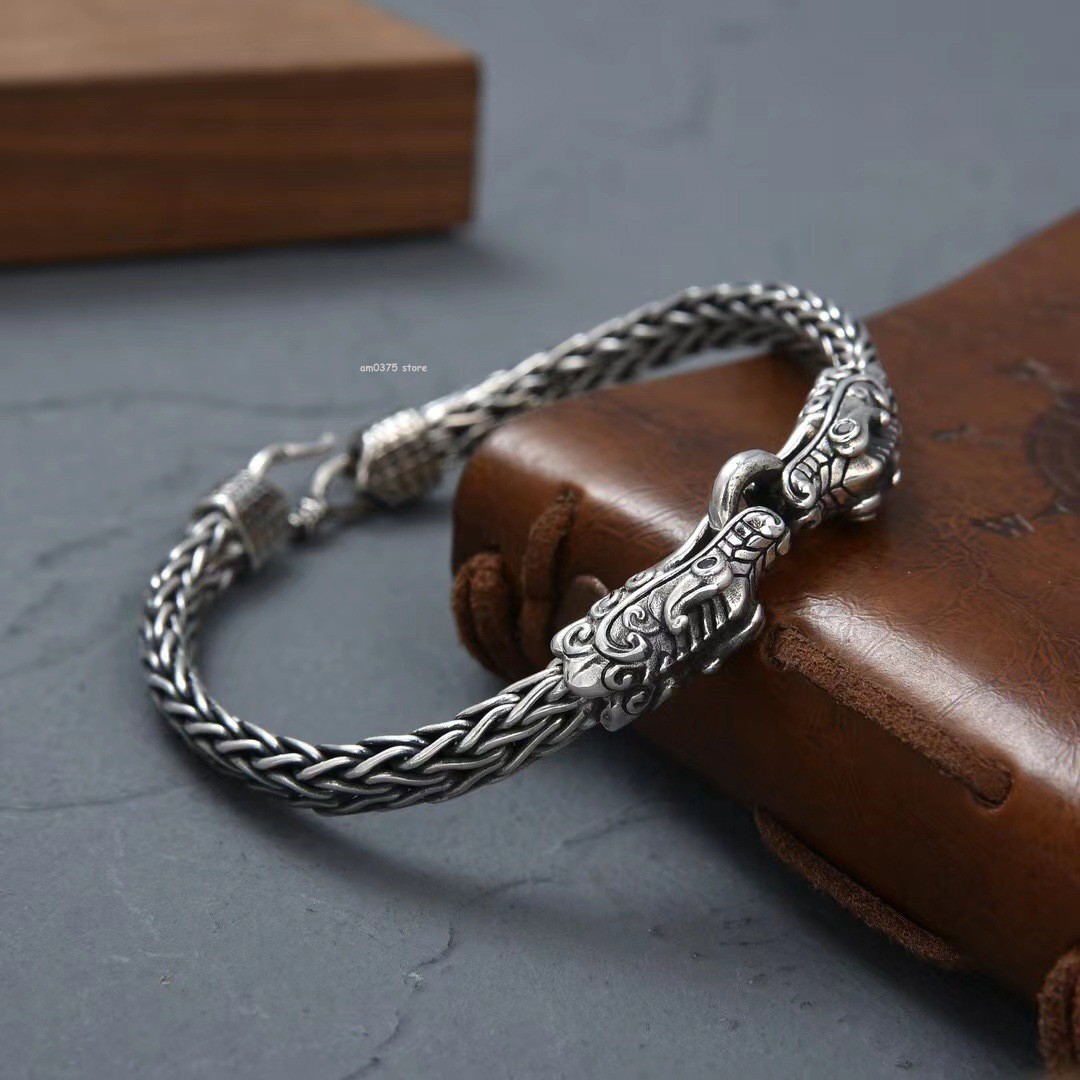 Real Sterling Silver 925 Metal Purity Bracelet Men 6mm Double Dragon Head Link
