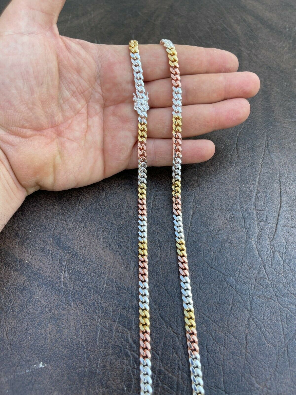 Tri Color Solid 925 Silver Rose & 14k Gold Plated Miami Cuban Necklace Bracelet