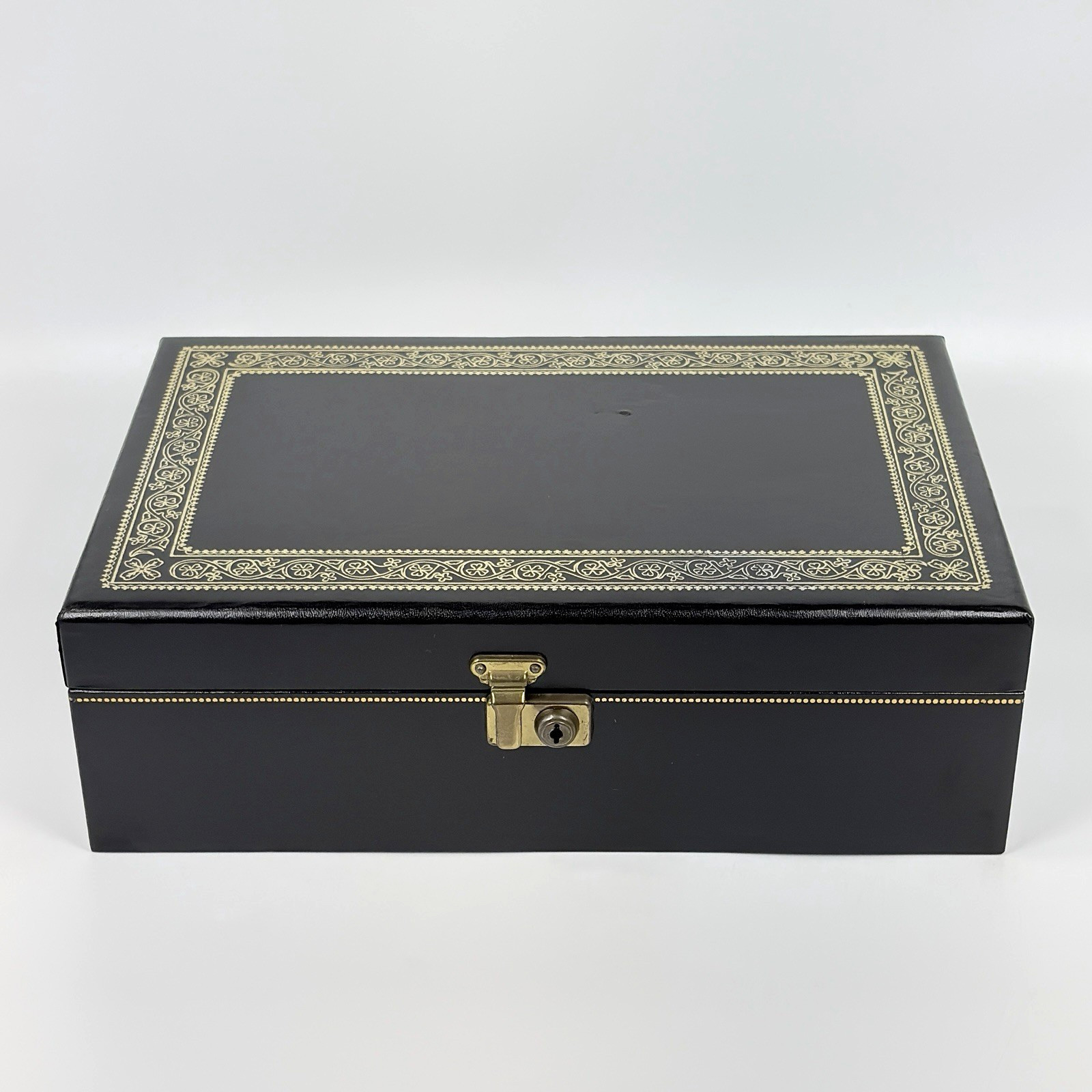 Vtg Black 2 Tier Jewelry Box Gold Clovers Dots Red Velvet Satin Lining NO Key