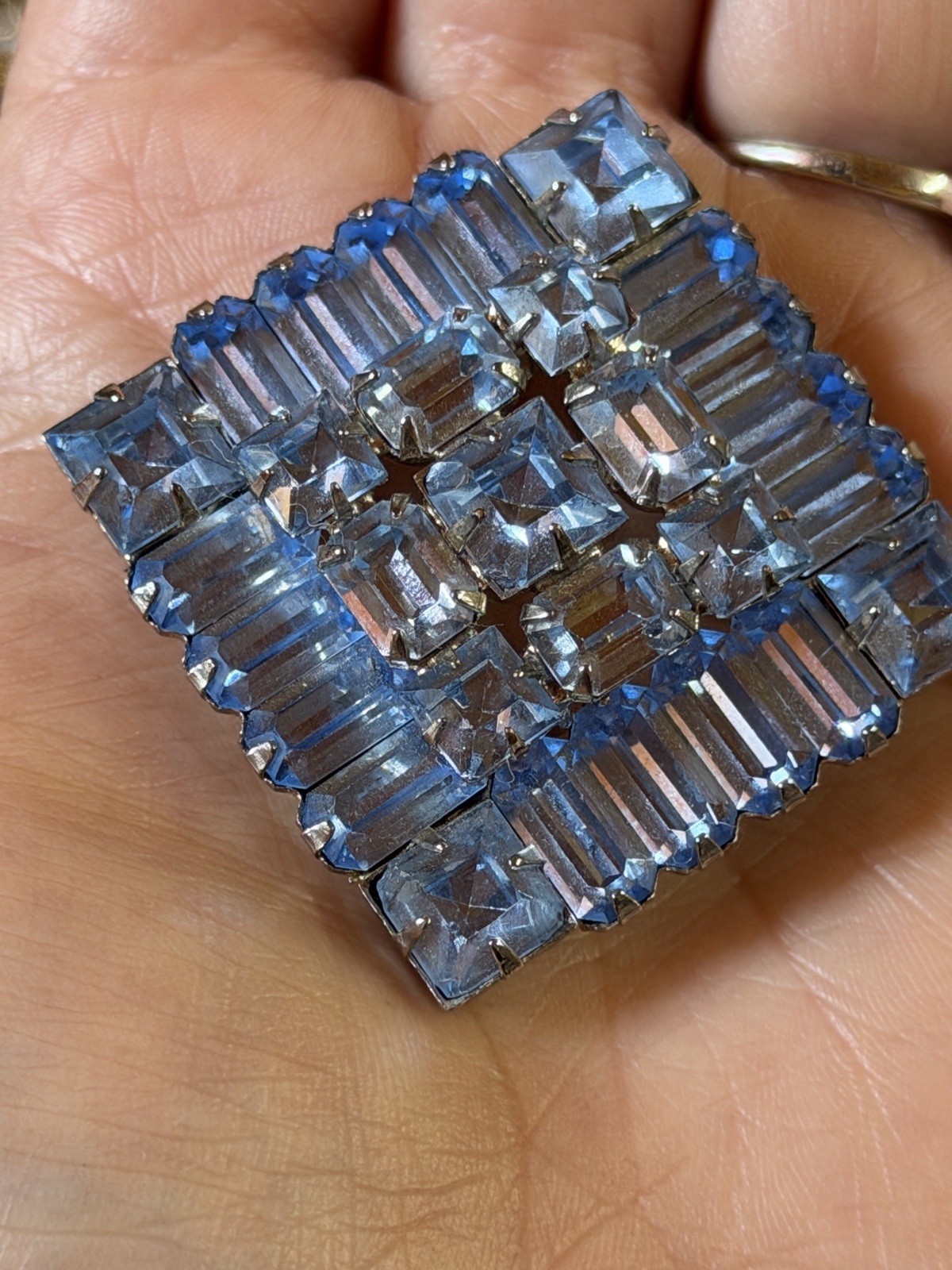 Weiss Blue Rhinestone Square Cluster Brooch Pin Silver Tone Baguette Stones