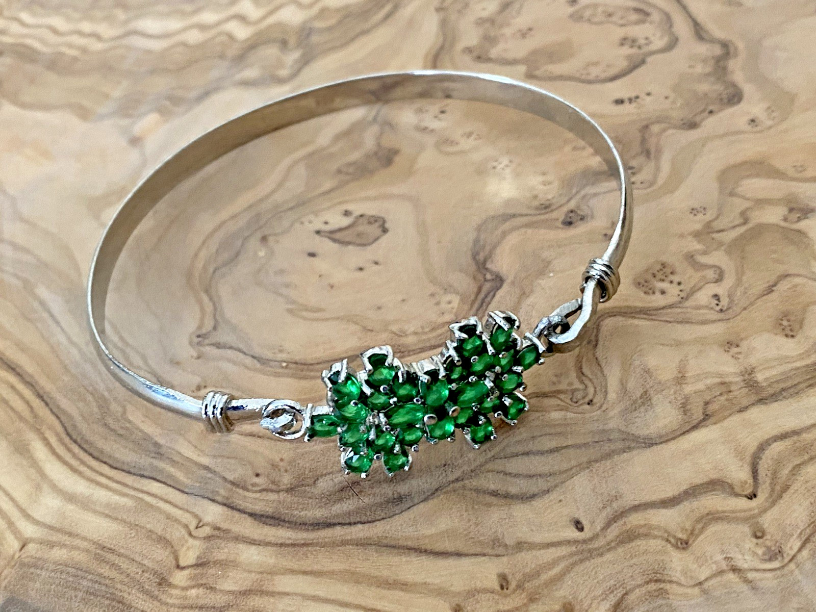 Green Emerald Glass Floral Bangle Bracelet, 925 Sterling Silver, 2.8 in W