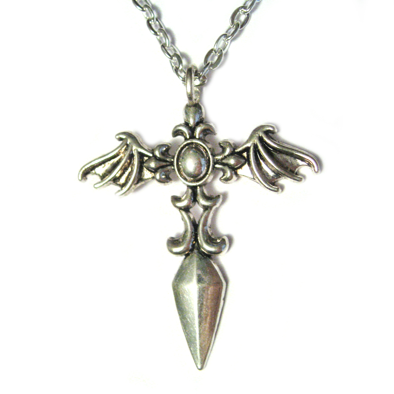 Alchemy Gothic Love Dagger Wings Silver STAINLESS STEEL 18″ Chain Link Necklace