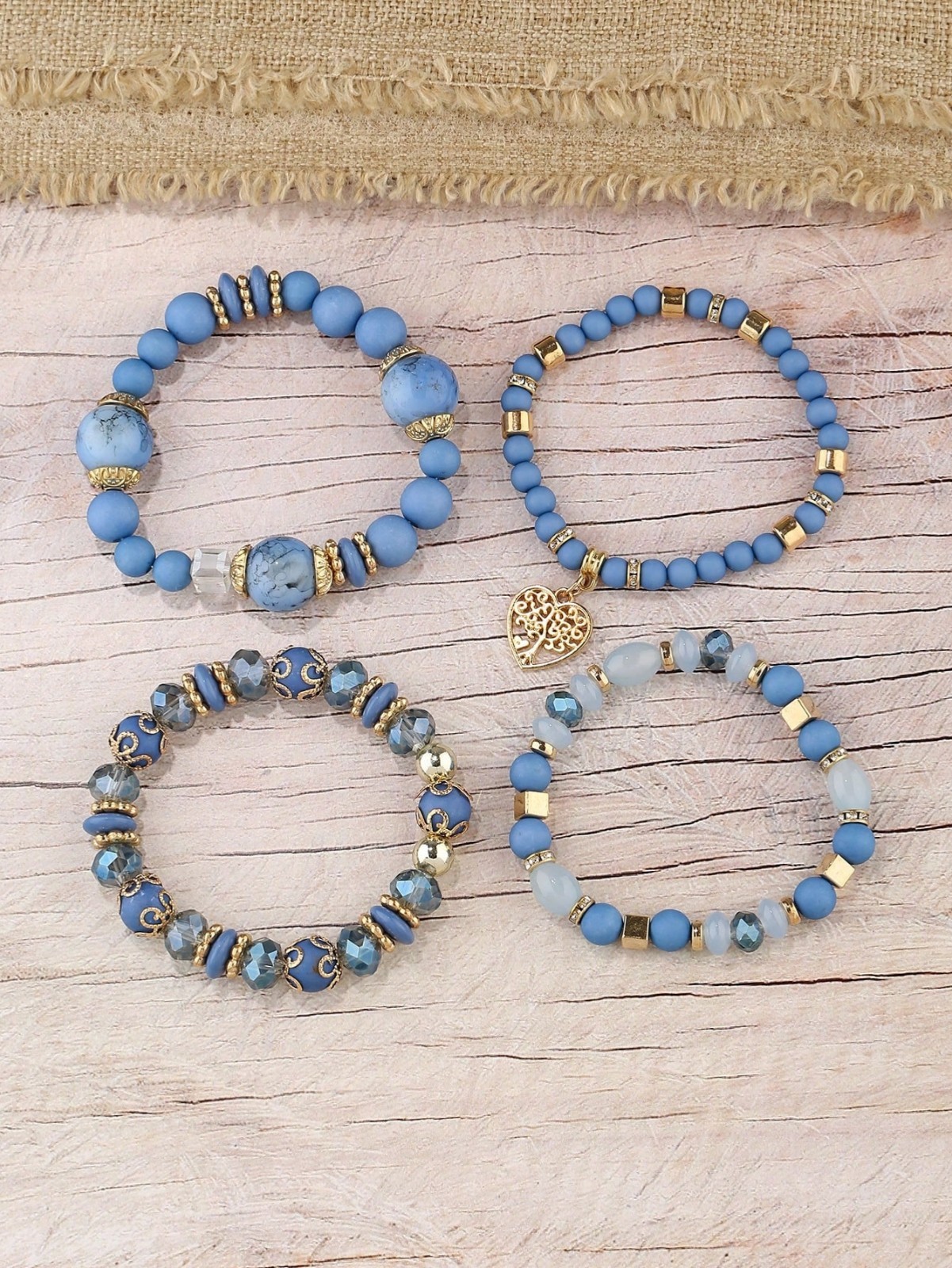4Pcs Boho Blue Beaded Stretch Bracelet Set Crystal Heart Tree of Life Women