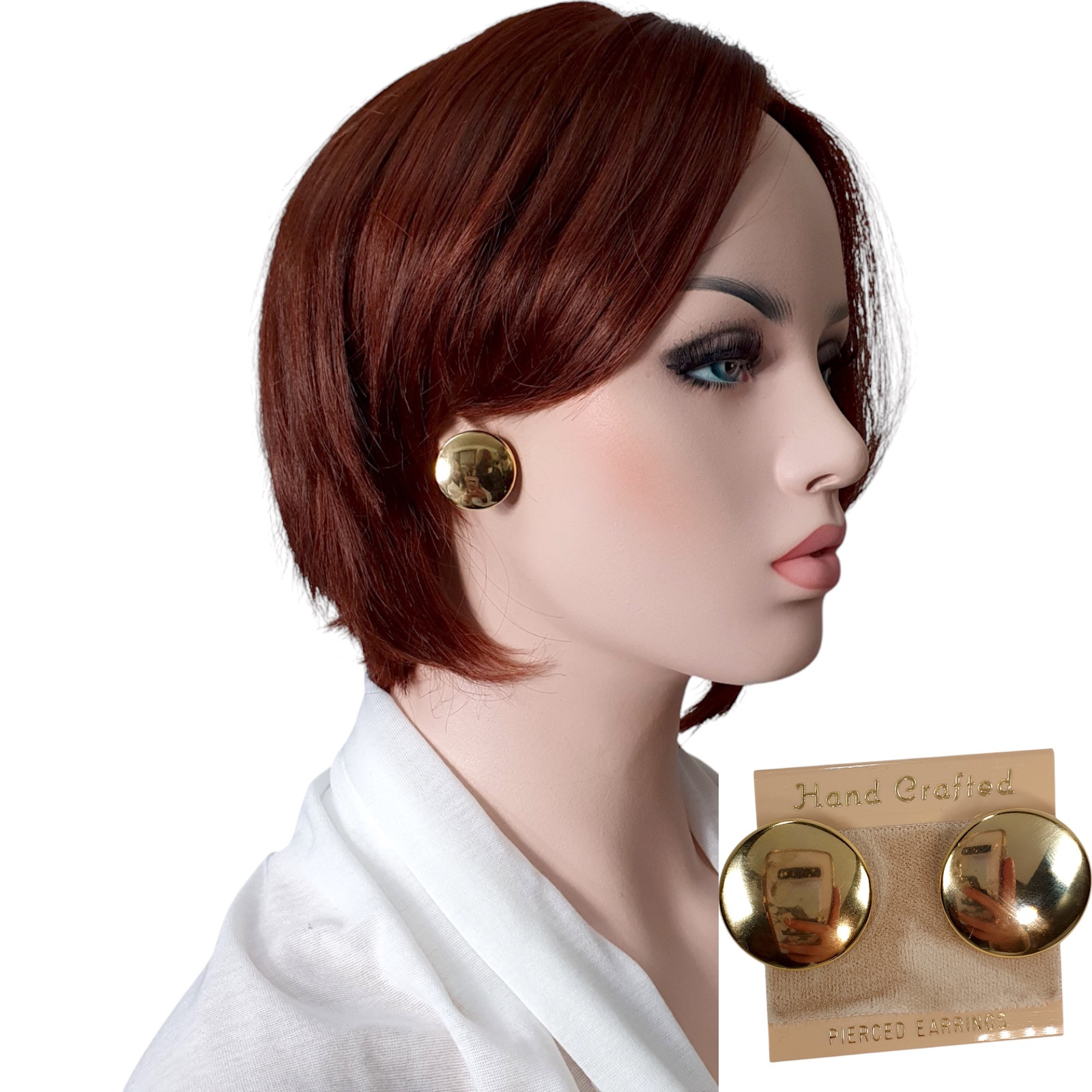 Classic Round Shiny Gold Tone Flat Disc Mirror Button Earrings Pierced 1″