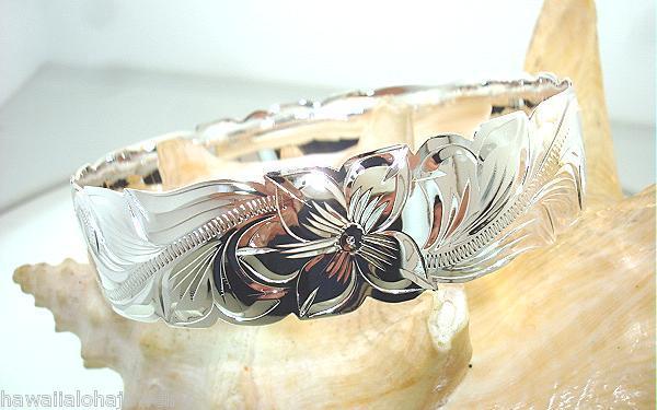 18mm Solid 925 Silver Hawaiian Heritage Long Scrolls Scalloped Cutout Bangle 7.5