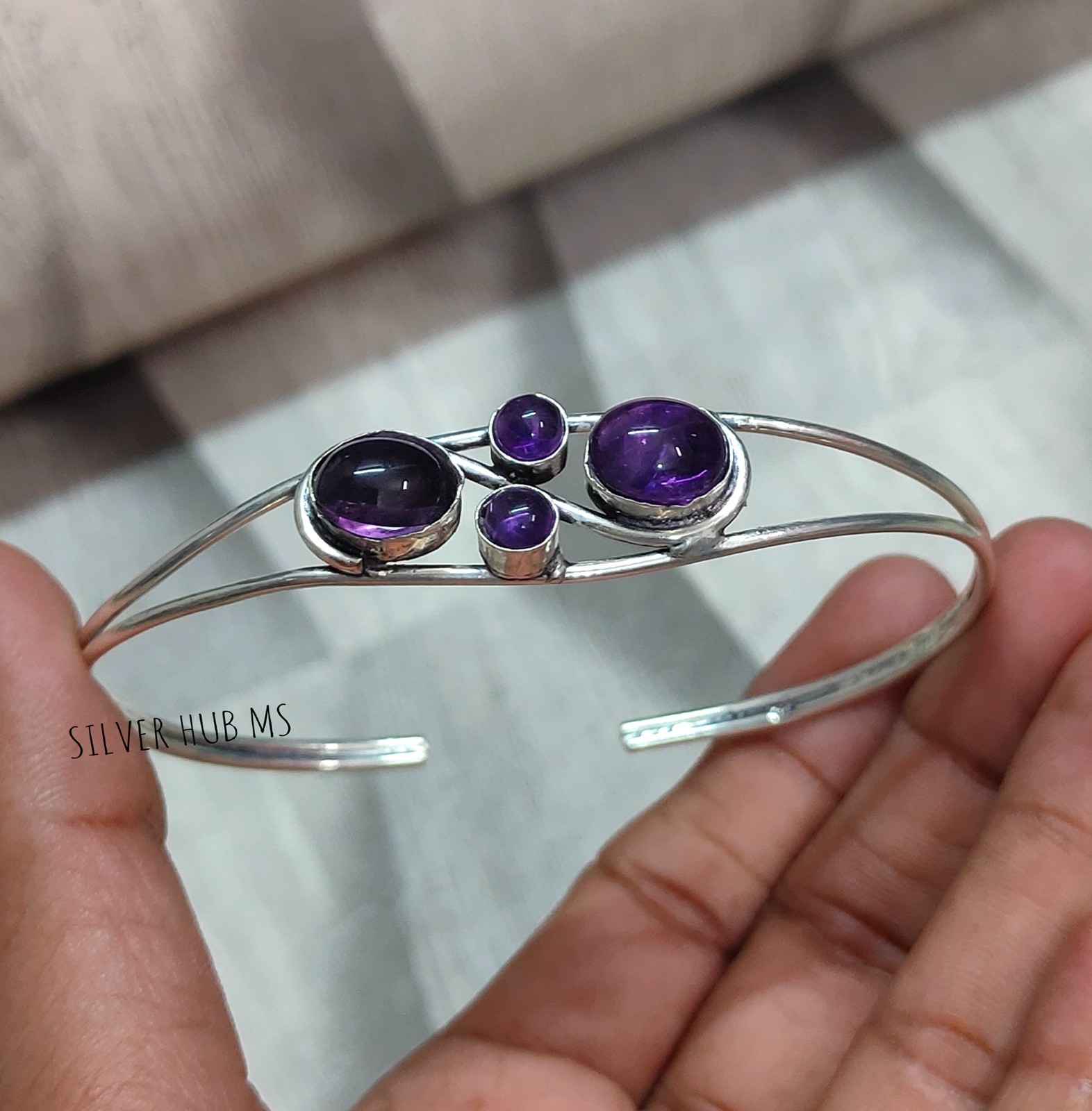 Natural Purple Amethyst Handmade 925 Sterling Silver Four Stone Bangle Cuff