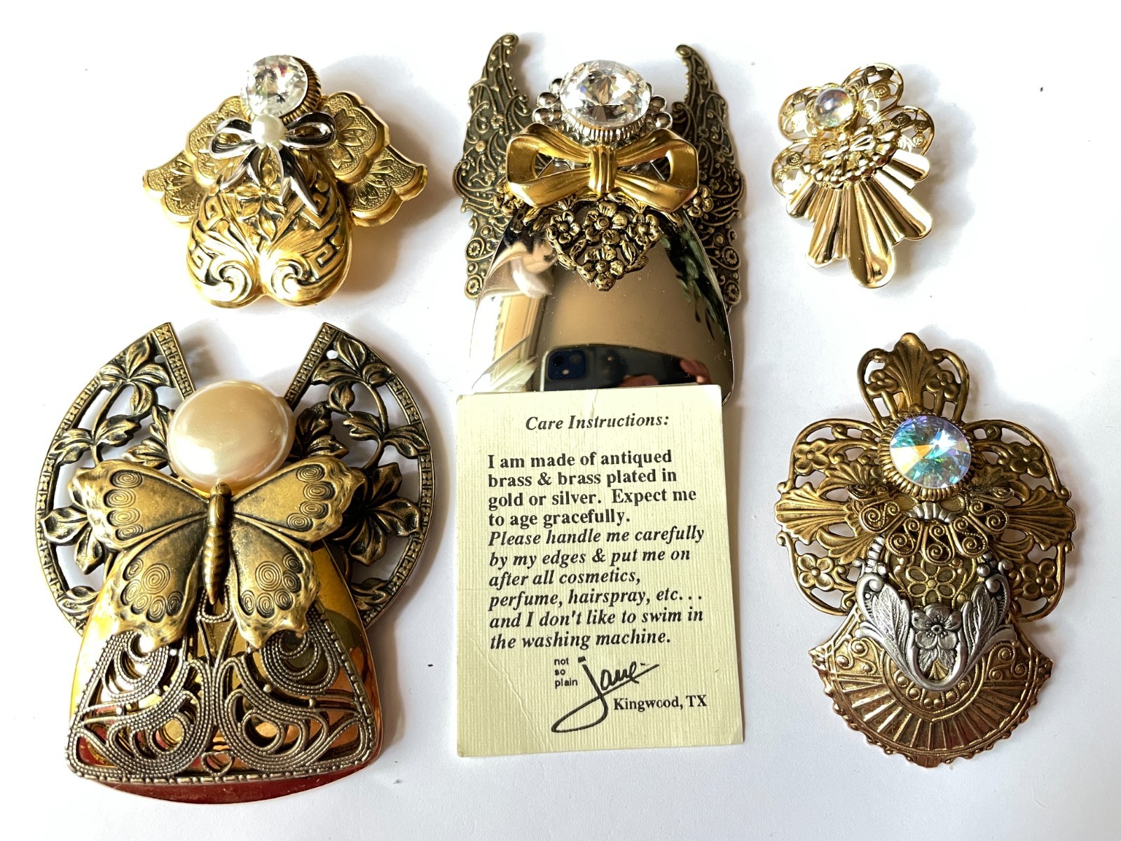 Lot of 5 Vintage Jane Davis Angel Brooches Filigree Gold Silver Bronze Tone