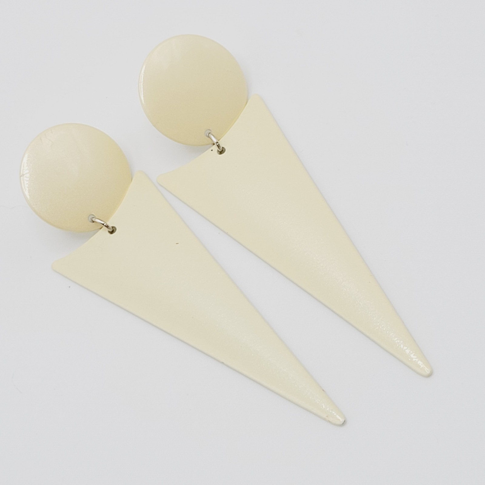 Minimalist Geometric Long Drop Dangle Metal and Cream Enamel Vtg 1980s Earrings