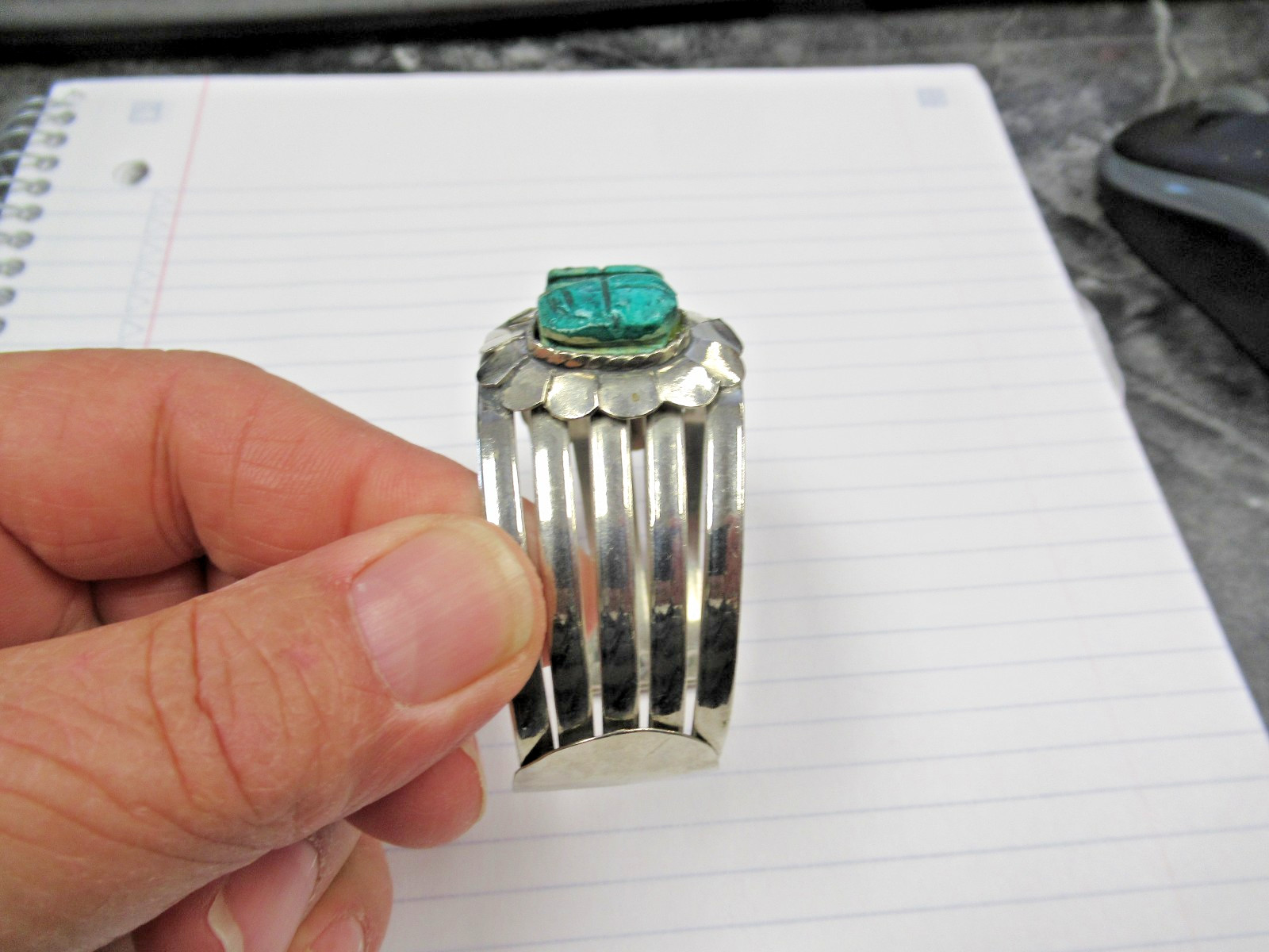 Vint Made Egypt Egyptian Faience 3 Scarab Concho Costume Jewelry Cuff Bracelet