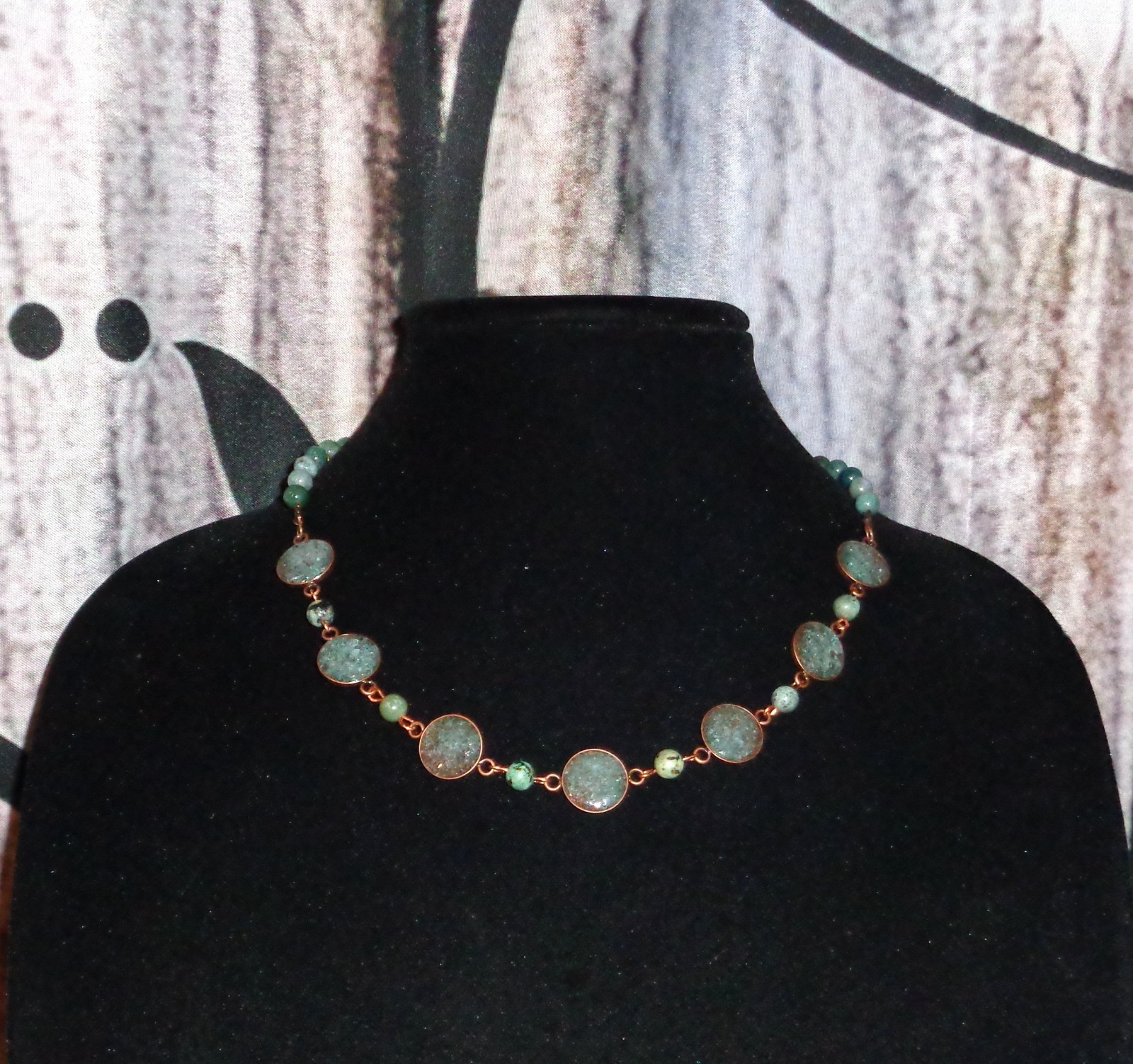 Artisan crafted, 19” crushed apatite in resin necklace, with agate connectors, a