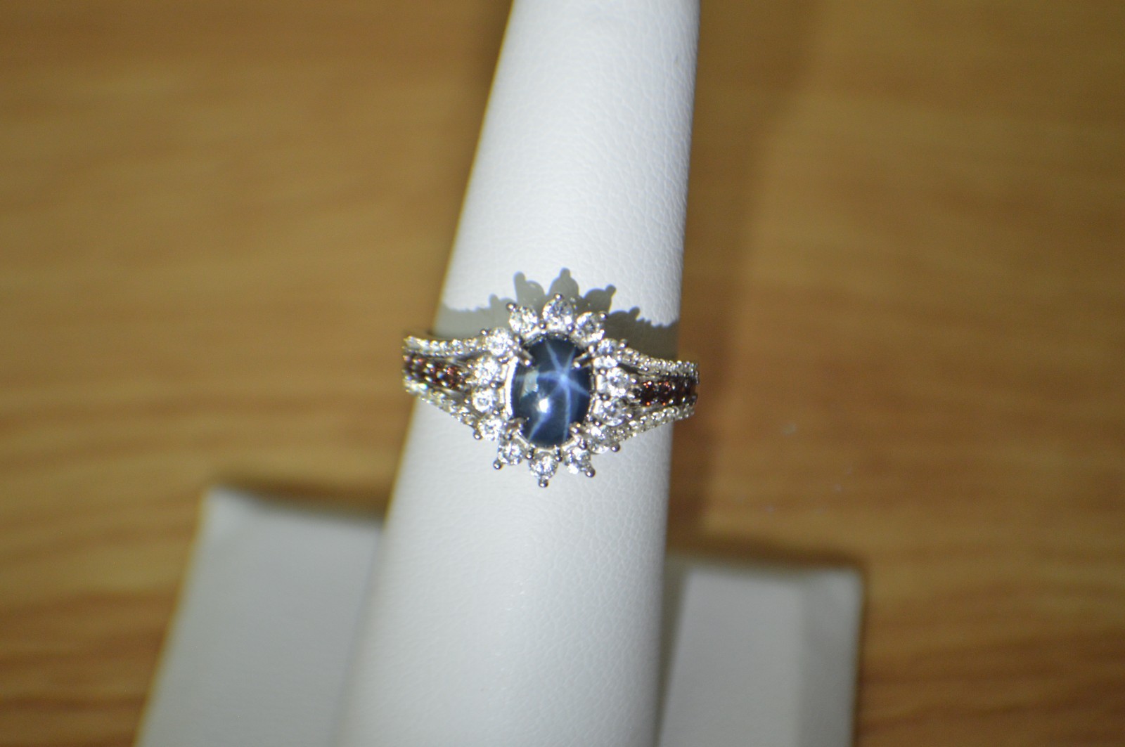 2.20ct Blue Star Sapphire / Zircon Ring Rhodium Plated Over Fine Silver Size 6