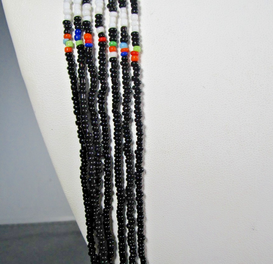 Southwestern 7 Stand Micro Multi Color Black Seed Bead Boho Necklace 28″