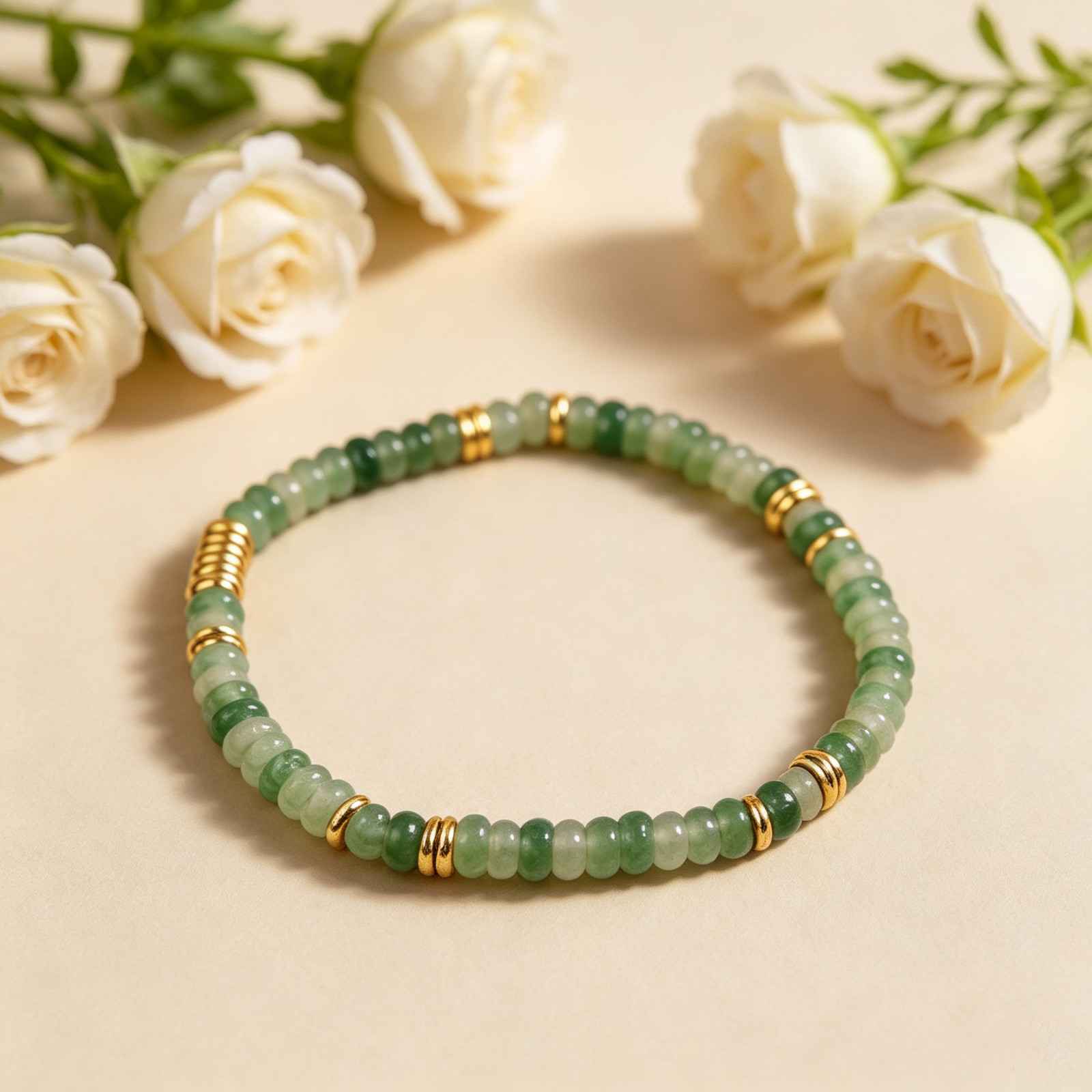 Green Aventurine Stretch Beaded Bracelet |Luck Dainty Gold Accent Women Jewelry