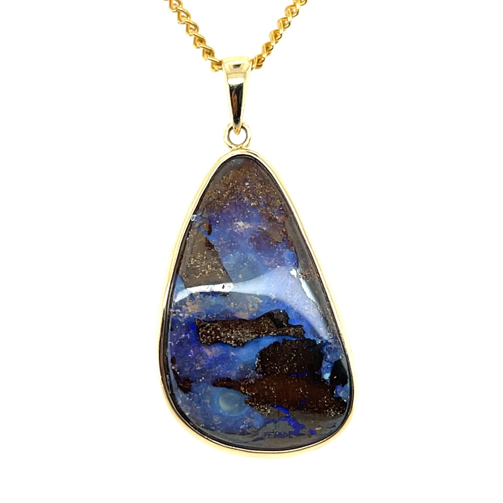 Contemporary 14 Karat Yellow Gold Freeform Oval Blue and Brown Opal Pendant