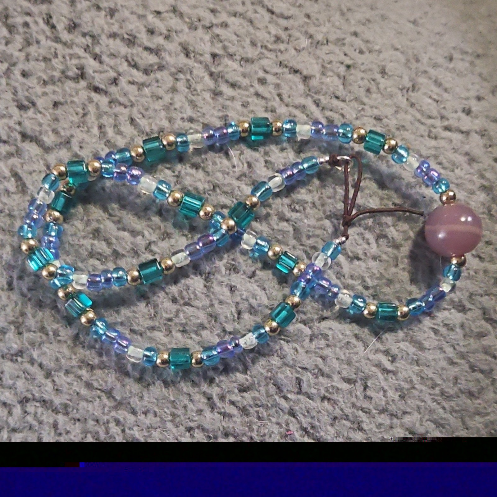 Beaded Necklace Blue Purple Gold Glass Round Pendant Tie Closure