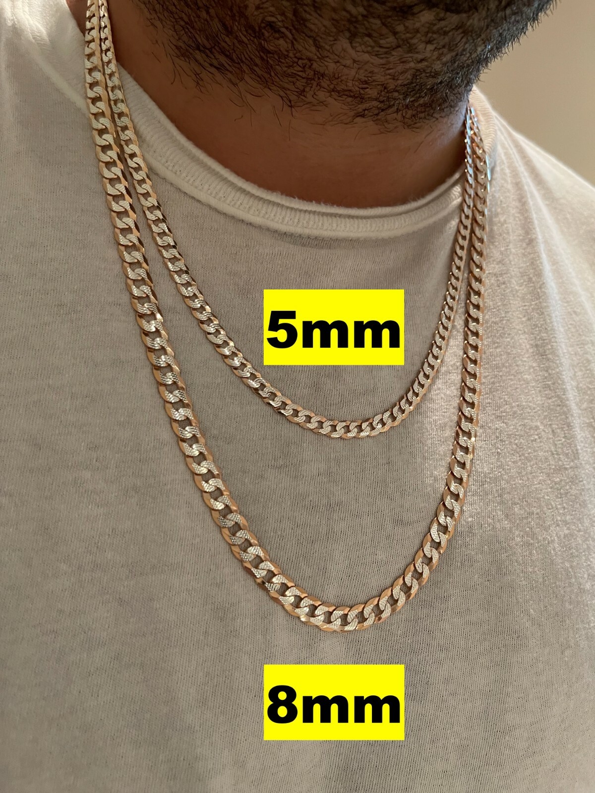 Miami Cuban Link Chain 14k Rose Gold Plated Solid 925 Silver Cut 5-8mm Necklace