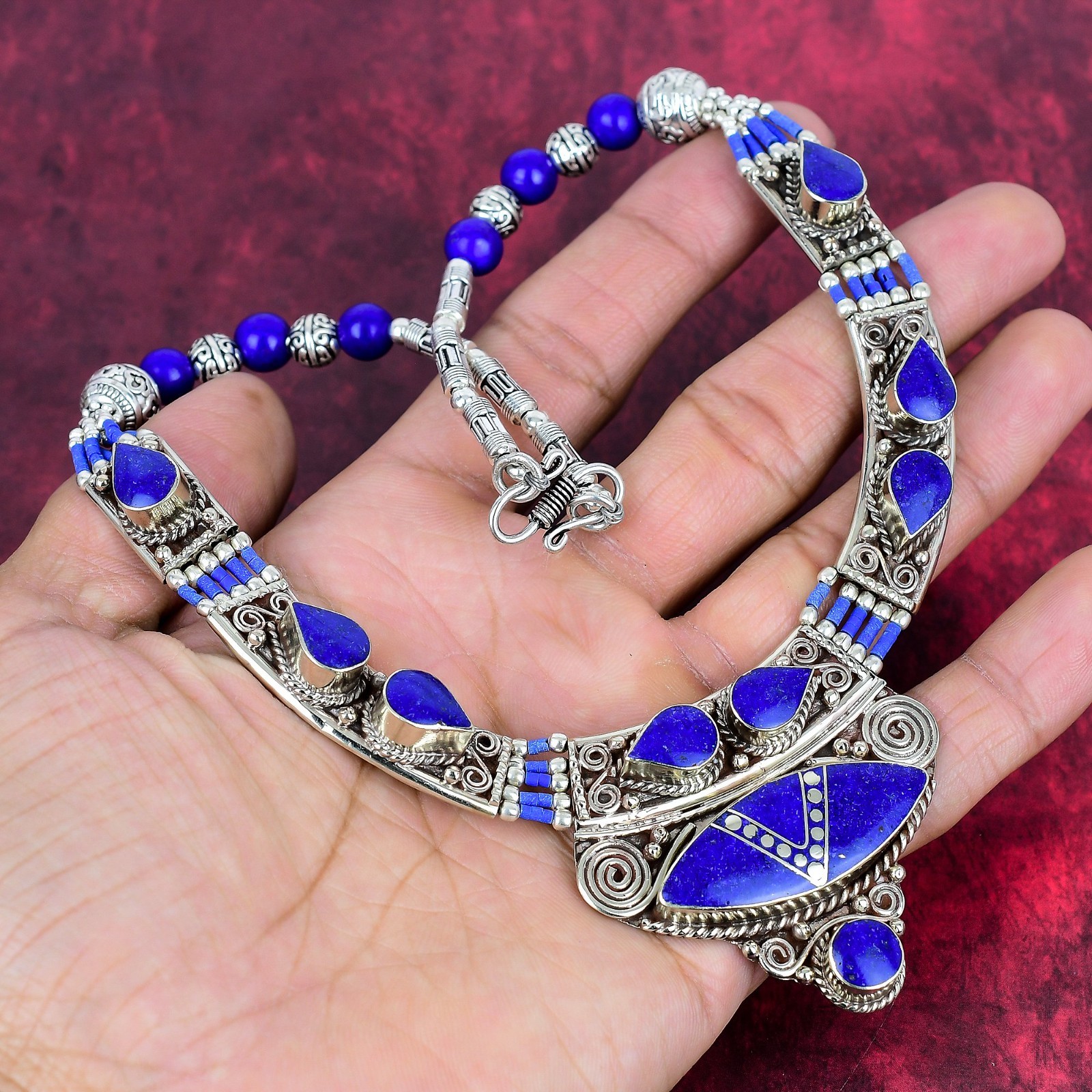 Lapis Lazuli Gemstone Handmade 925 Sterling Silver Jewelry Nepali Necklace