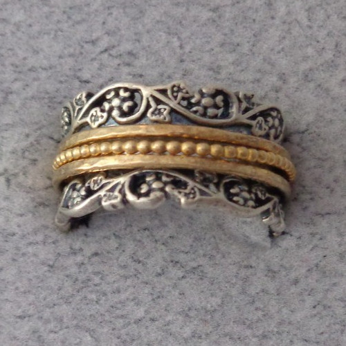 Sterling Silver Two Tone Spinner Band Ring Signed PZ Sz 7 – 7.5 Intricate Scroll