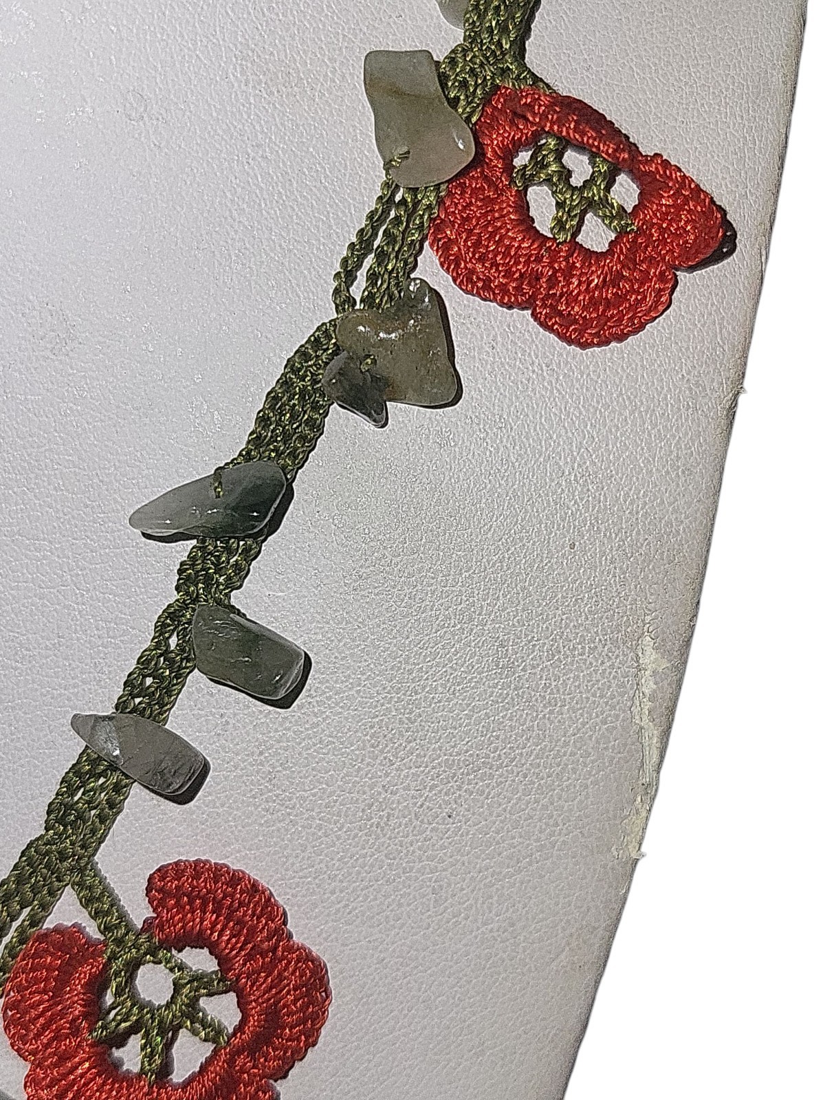 Red Flower Crochet Necklace With Jade Stone, Turkish Jewelry
