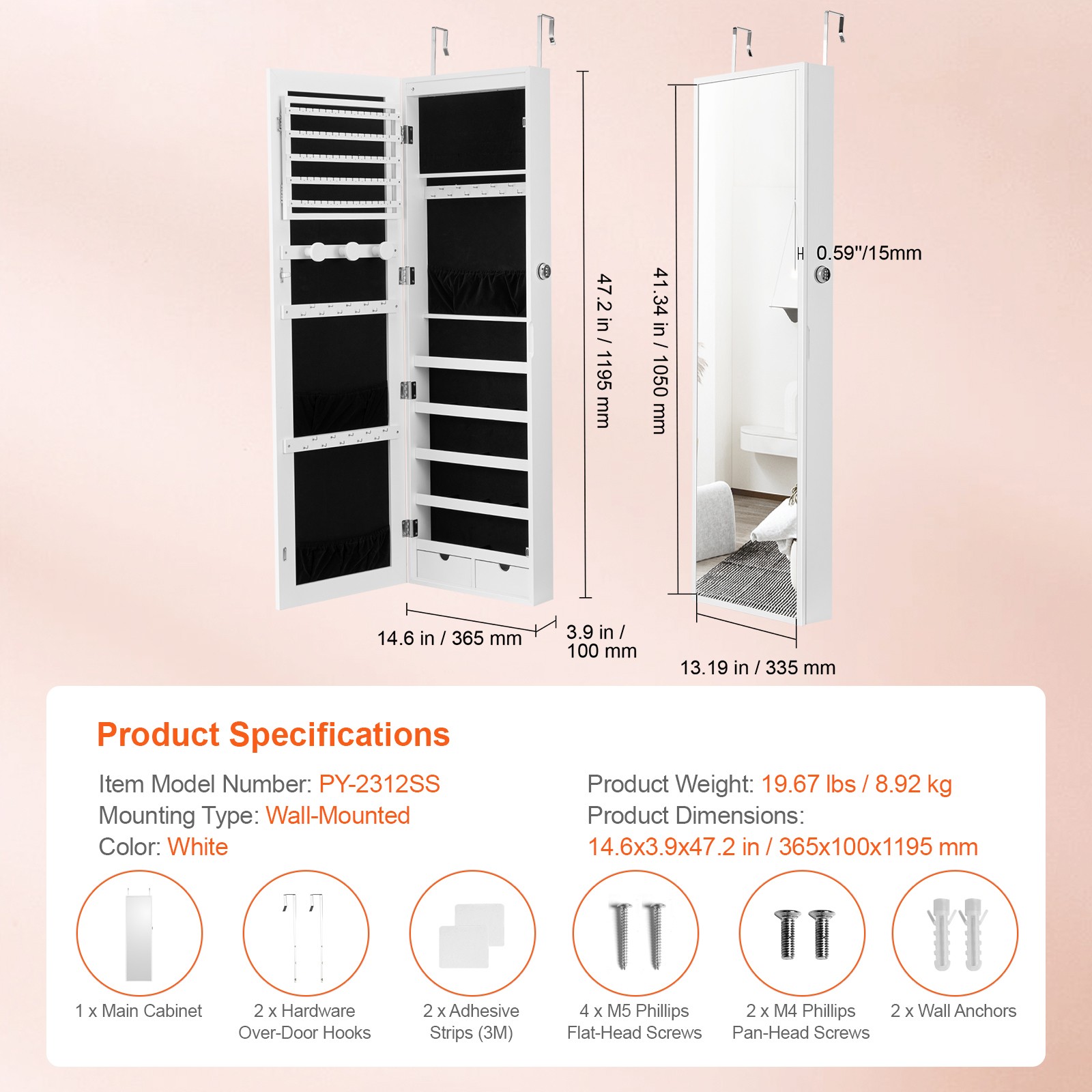 Uimoso Mirror Jewelry Cabinet47.05in Lockable Wall or Door Mounted Armoire White