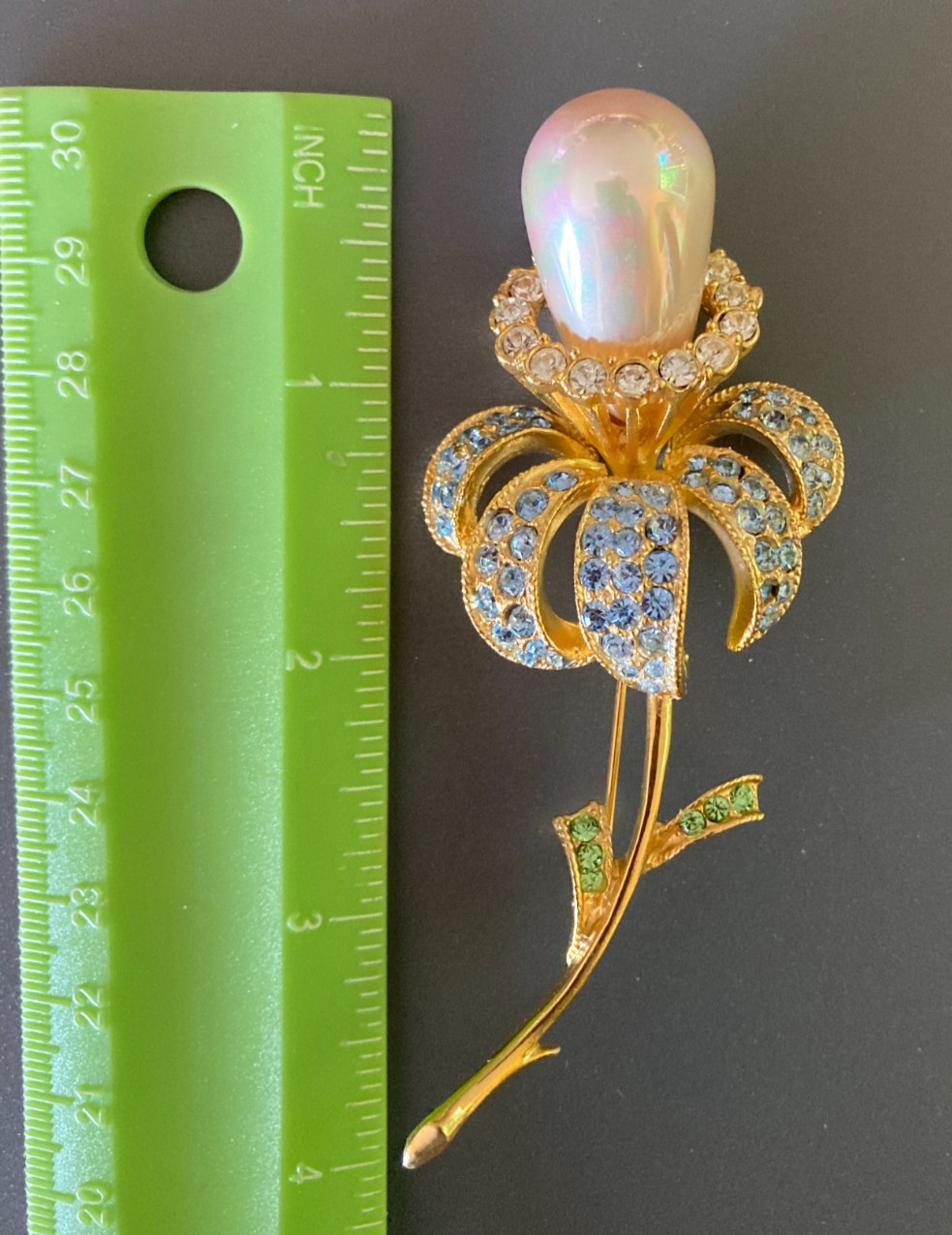 Vintage Ivana Trump Iris Flower Iridescent Faux Pearl Rhinestone GoldTone Brooch