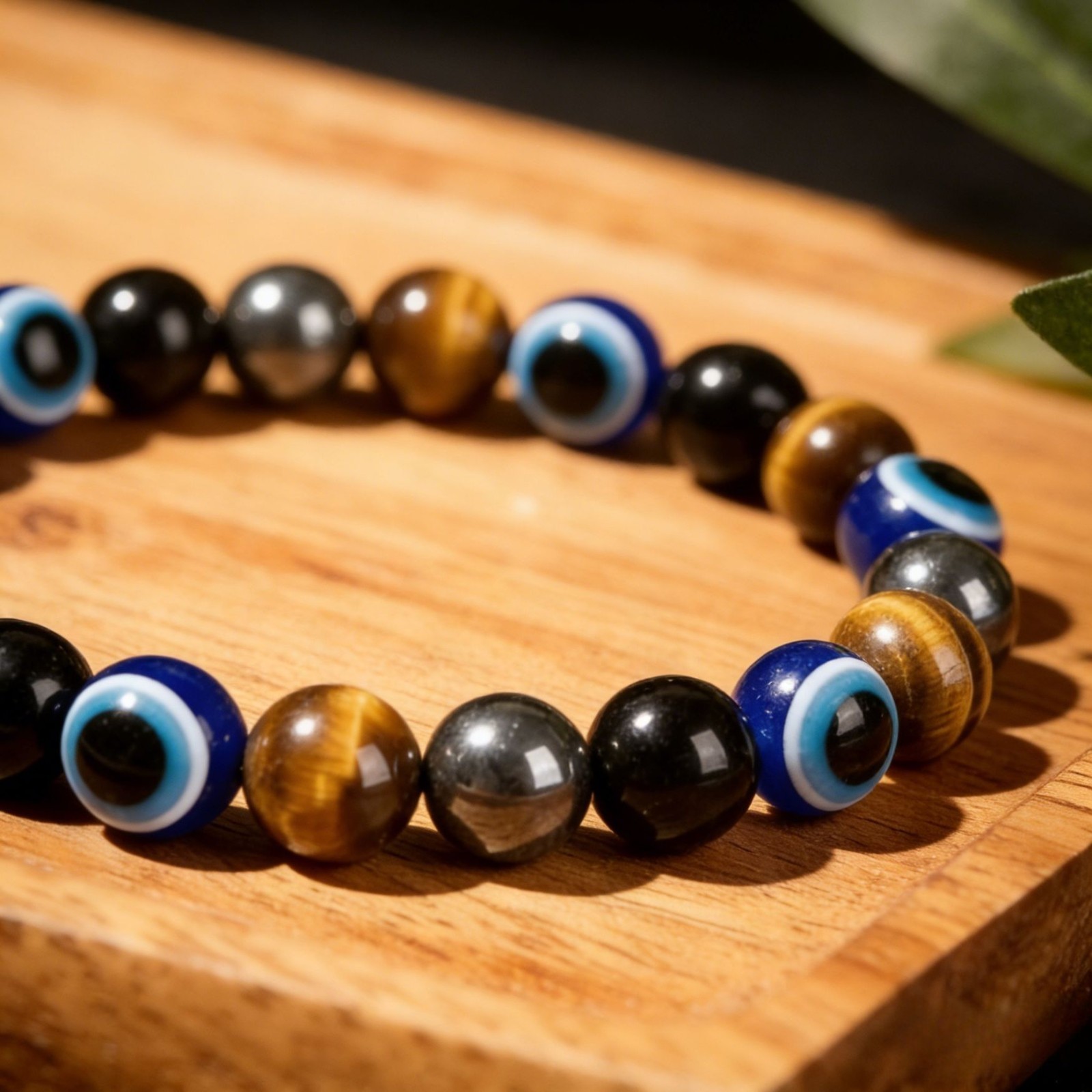 Triple Protection Evil Eye Bracelet 8mm Tiger Eye Black Obsidian Hematite Beads