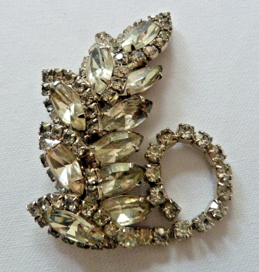 VTG Rhinestone Leaf Brooch 2 1/2 inches long “SEE DESCRIPTION”