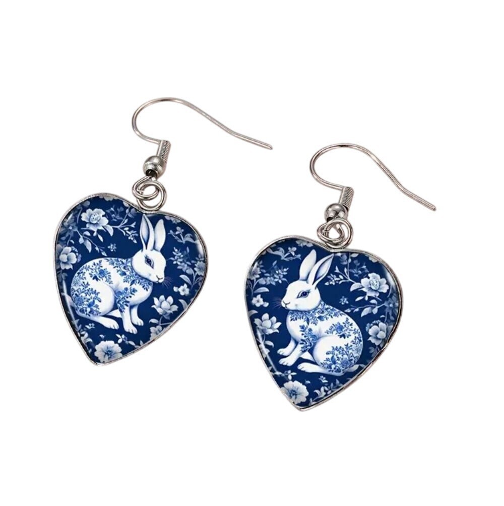 Blue & White Heart Easter Bunny Rabbit Dangle Earrings Silver Tone