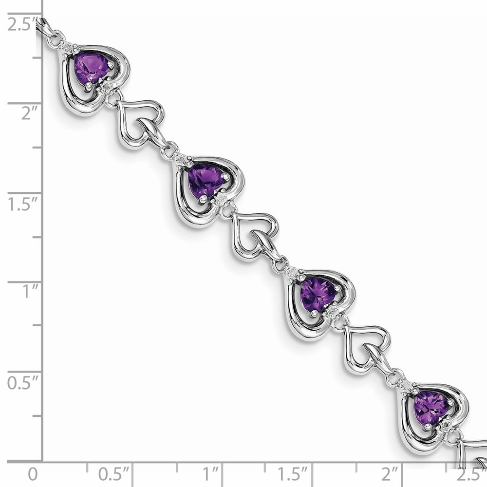 Sterling Silver Rhodium-plated Diamond & Heart Link Amethyst Bracelet Womens
