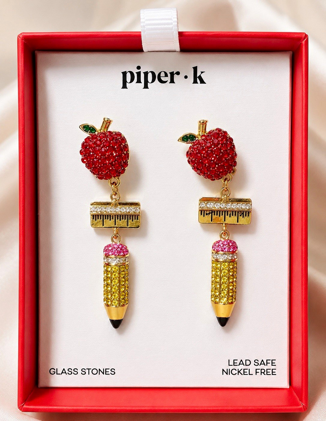 piper·k Glass Stone Apple & Pencil Dangle/Drop Earrings Multicolor Nickel-Free