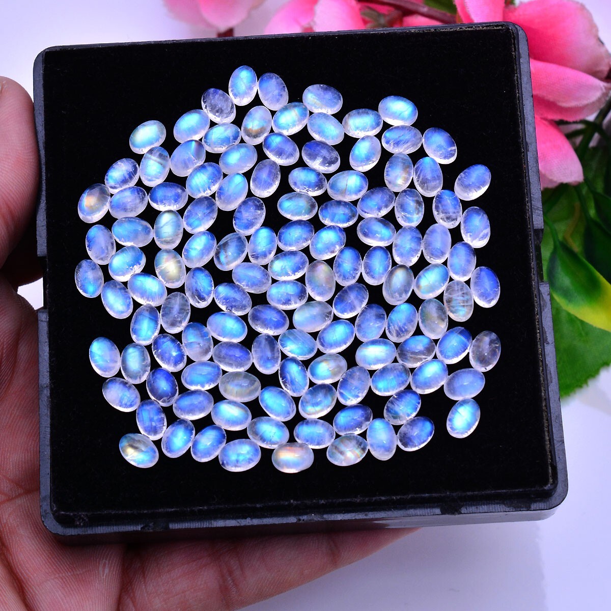25 Pcs Natural Blue Fire Moonstone 7x5mm Untreated Oval Cabochon Gemstones Lot