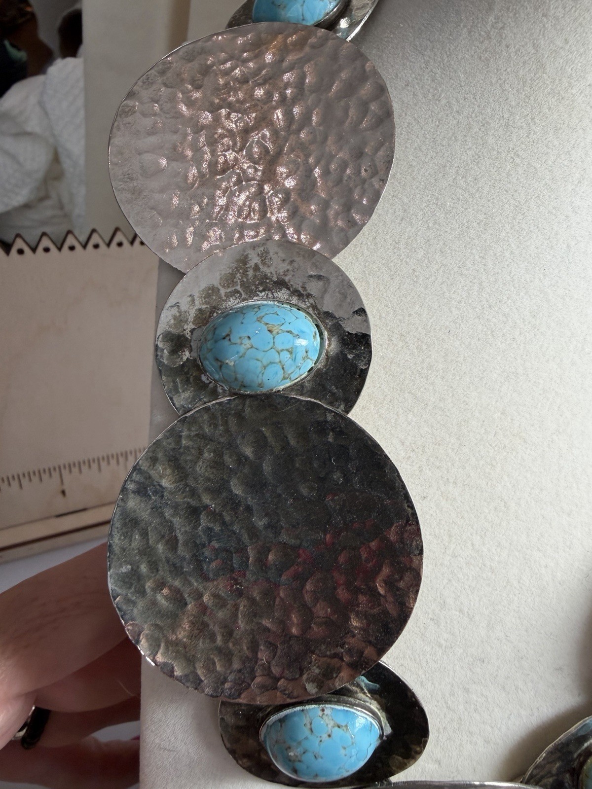 Hammered Brutalist Necklace Silver Tone Disc Statement Modernist Turquoise Glass