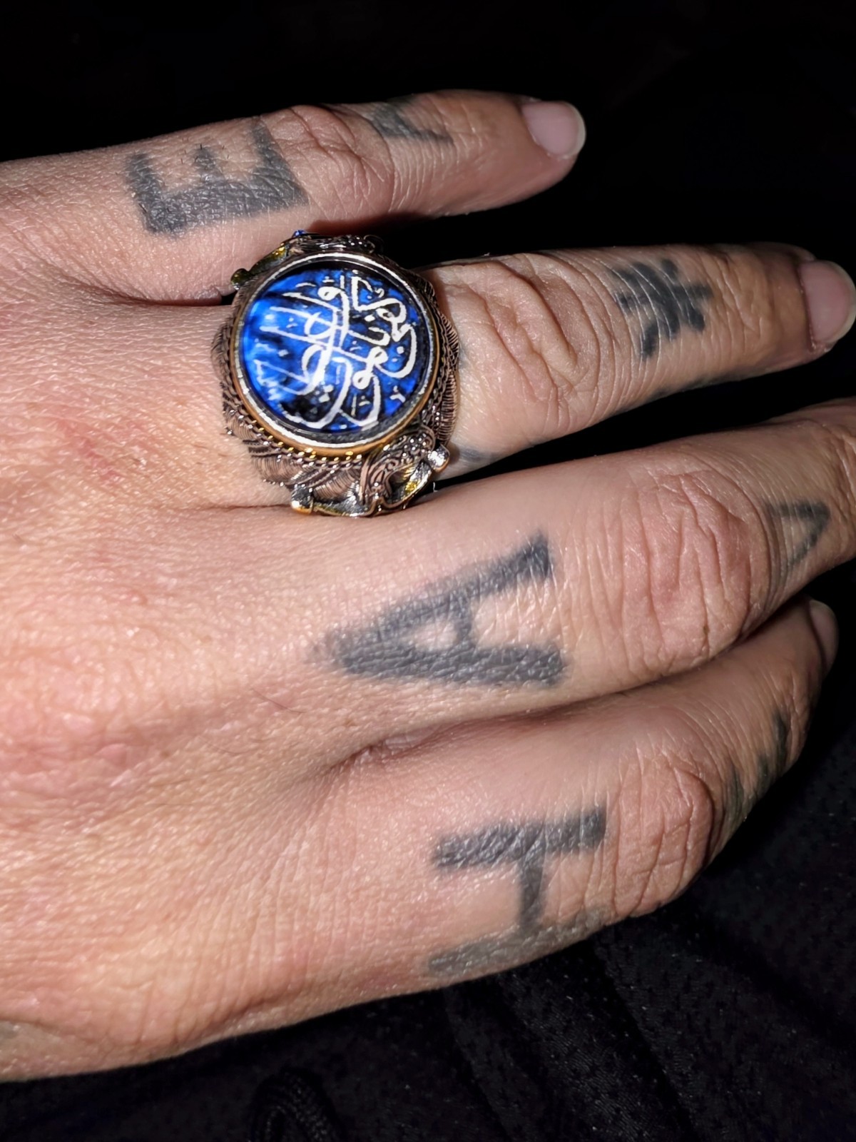 Britnix Blue Round Cabochon Arabic Calligraphy Signet Ring Silver Size 10