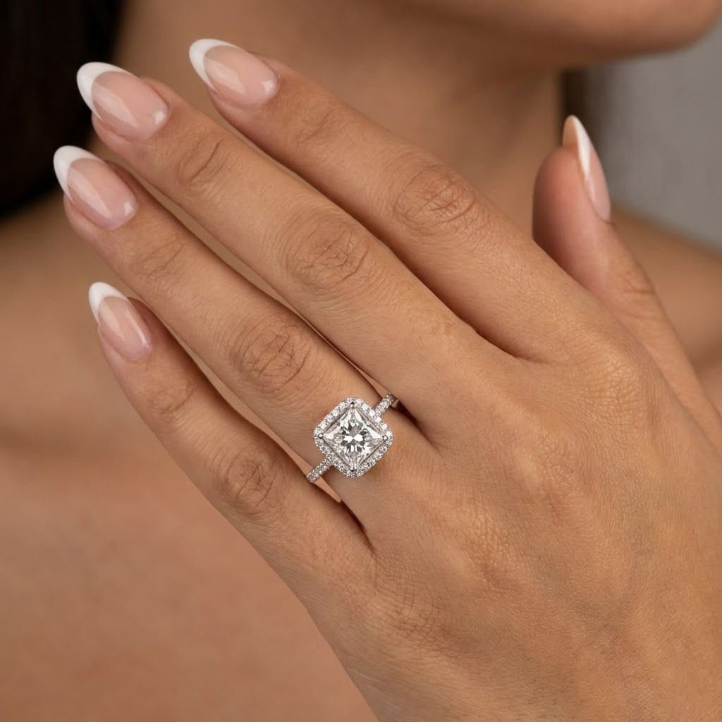 Engagement Ring 18K White Gold Halo 1.87 Carat Princess Lab-Grown Diamond D VS2