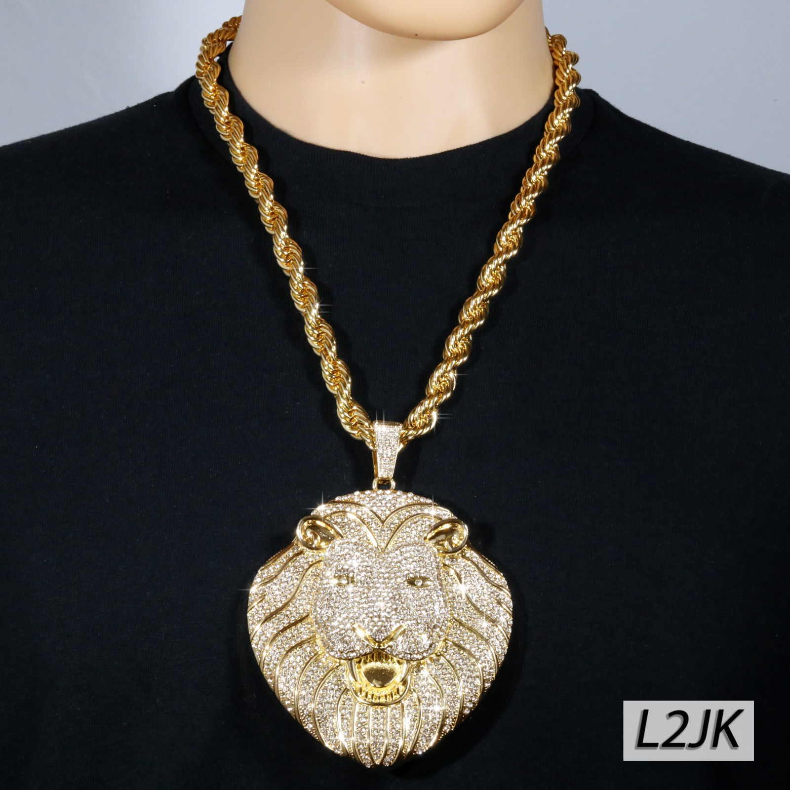 14K Rope Chain Necklace 10mm 24″ & 30″ | Huge Lion Face Gold Plated XXL Hip Hop