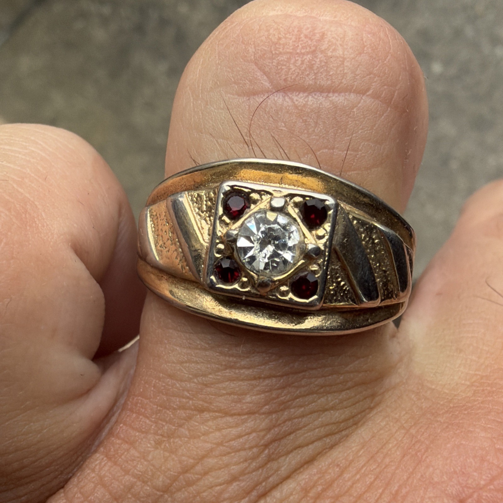 Vintage 14k GE Cubic Zirconia & Ruby Man’s Ring Size 12.75