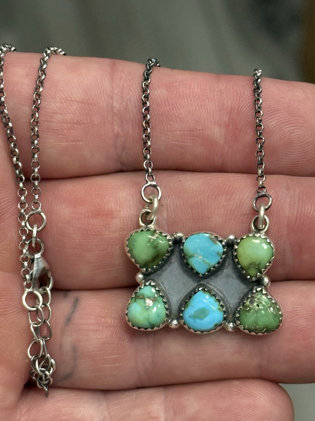 STERLING SILVER SONORAN GOLD TURQUOISE 2 ROW 6 STONE CLUSTER BAR NECKLACE .925