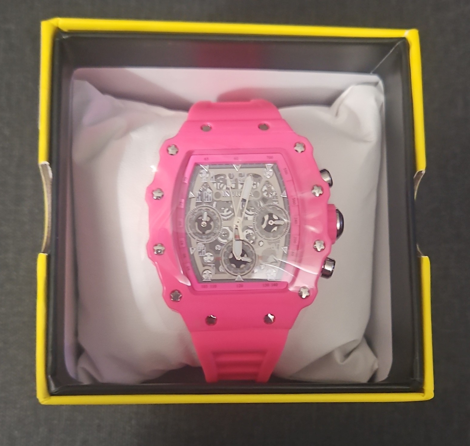 Invicta Unisex Quartz Chronograph Pink Silicone Strap Tonneau Skeleton Dial Box