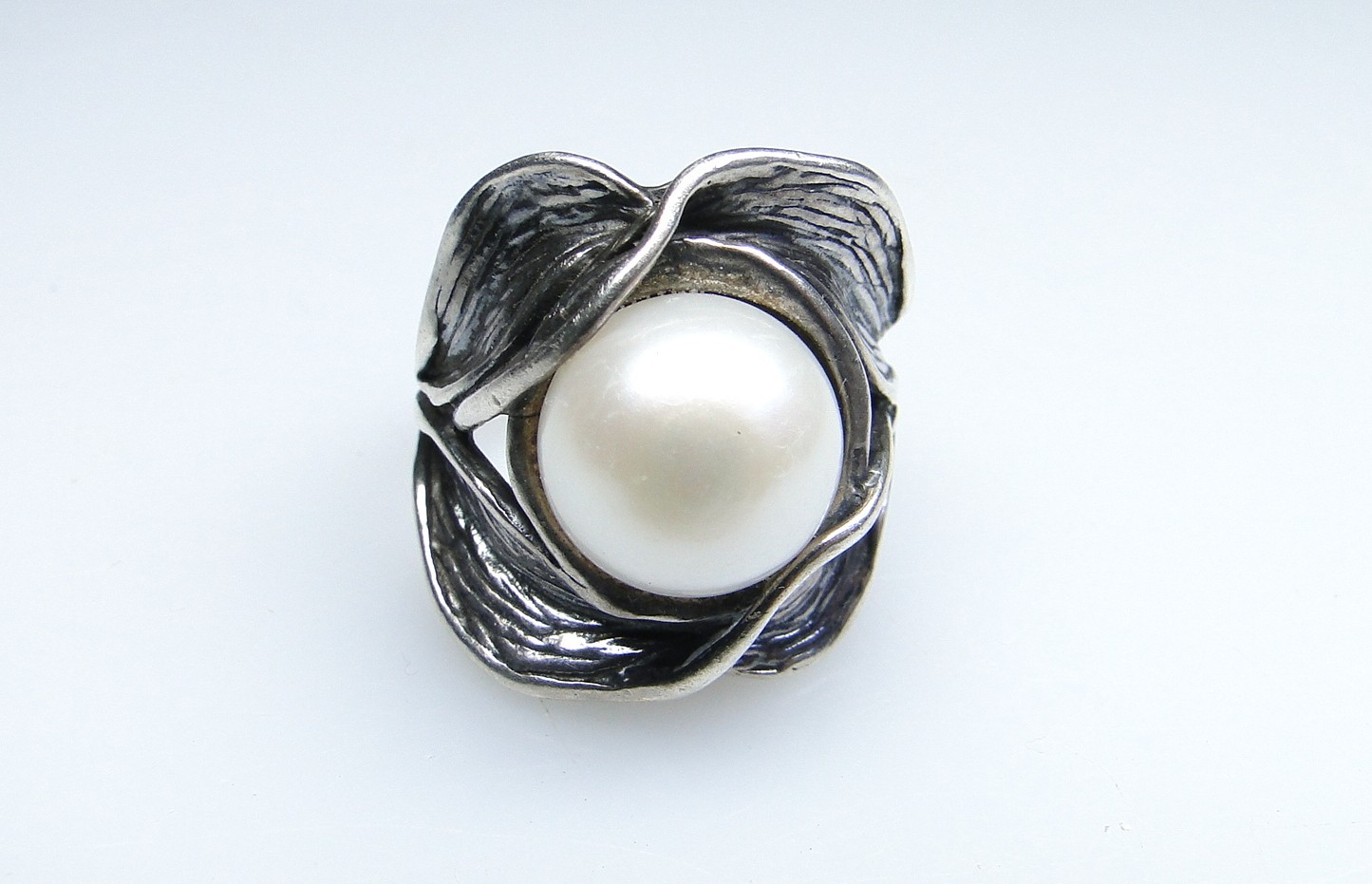 Sterling Brutalist Signed Israel Wide Silver Pearl Ring Size 8 1/2