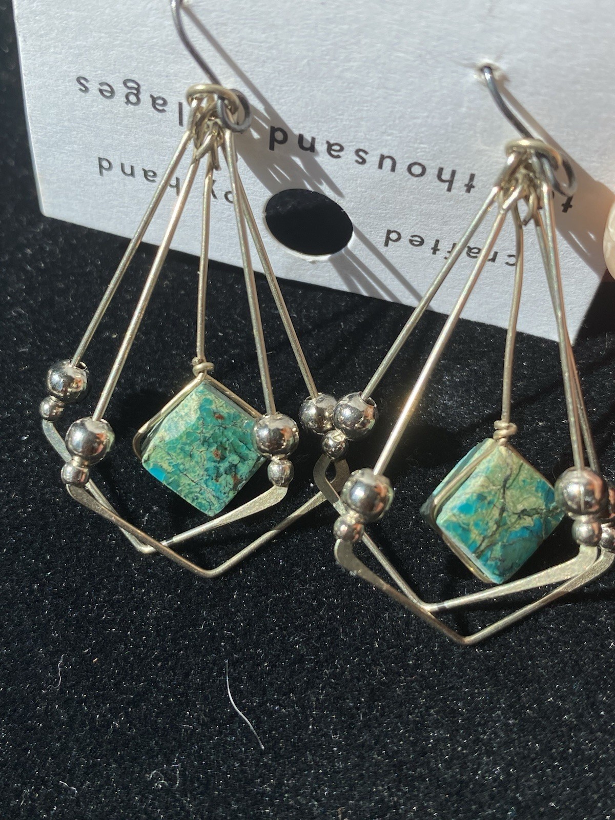 TEN THOUSAND VILLAGES Earrings Green Turquoise Dangle Silver Geo Boho Western