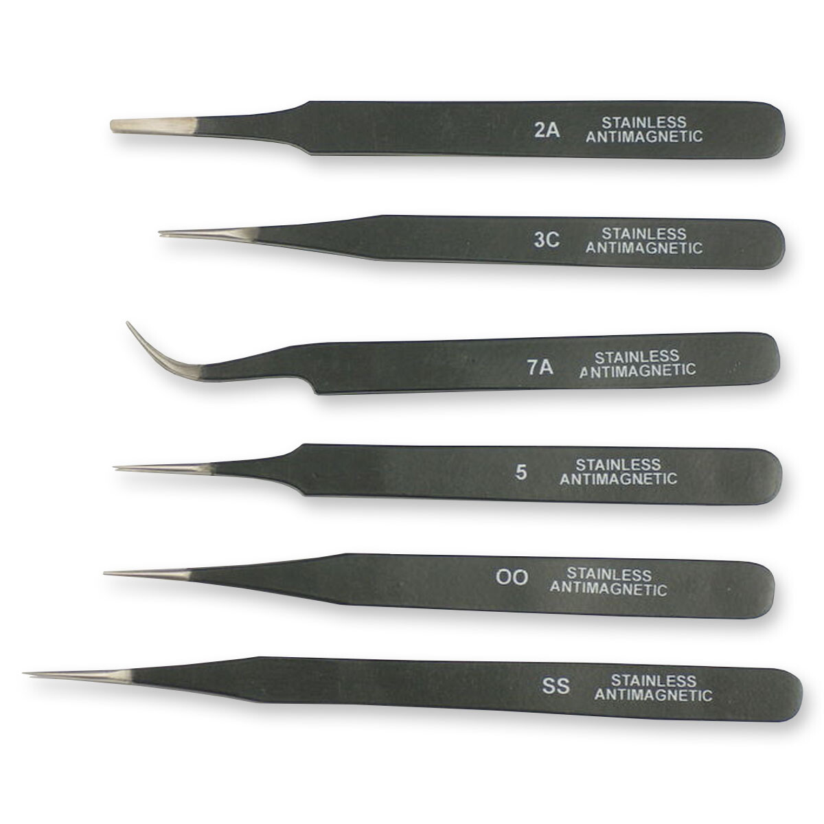 Quality set 6 tweezers black epoxy coated watchmakers jewellers 00 3C 2A 5 7 SS
