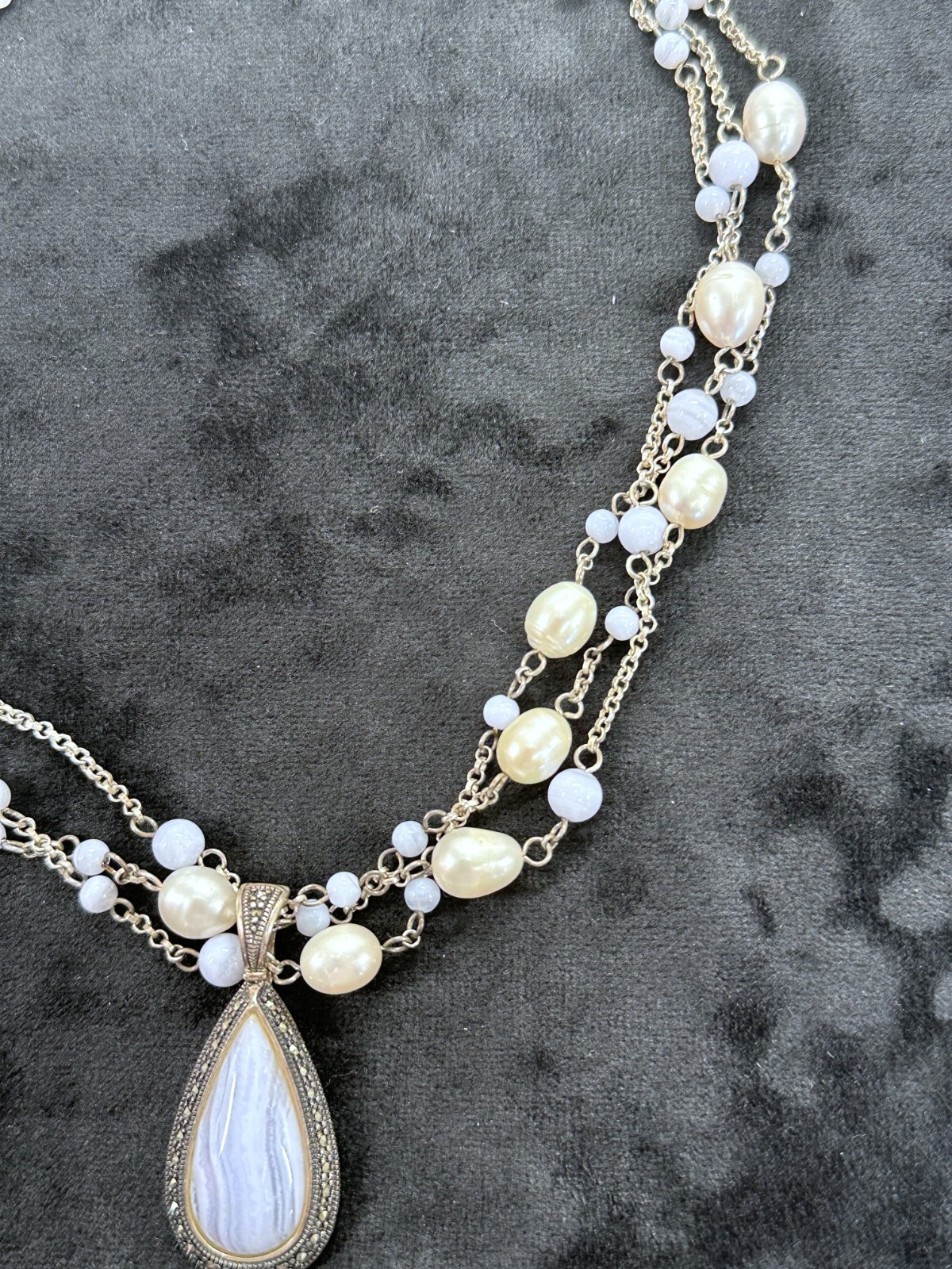 Marcasite 925 Sterling Silver Blue Lace Agate & Pearl 3 Strand Necklace 17″ 39g