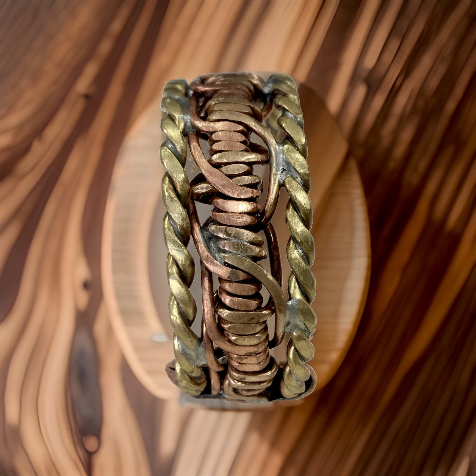 Heavy Handcrafted brass, copper and bronze braided wire cuff bracelet size 7