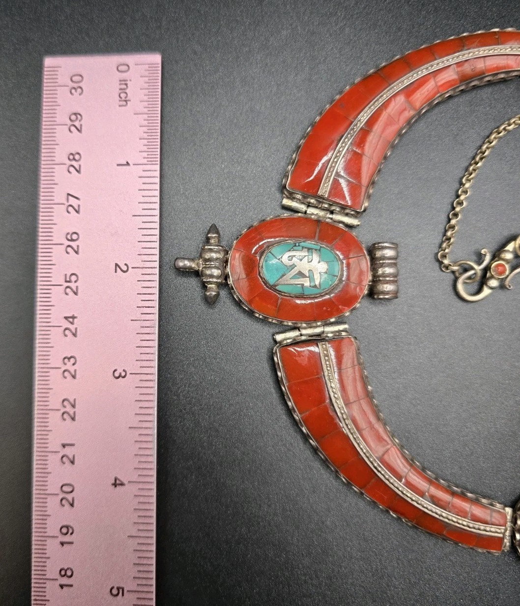 AUTHENTIC TIBETAN SILVER GARUDA COLLAR NECKLACE TURQUOISE CORAL BIB 107G 21.8 IN