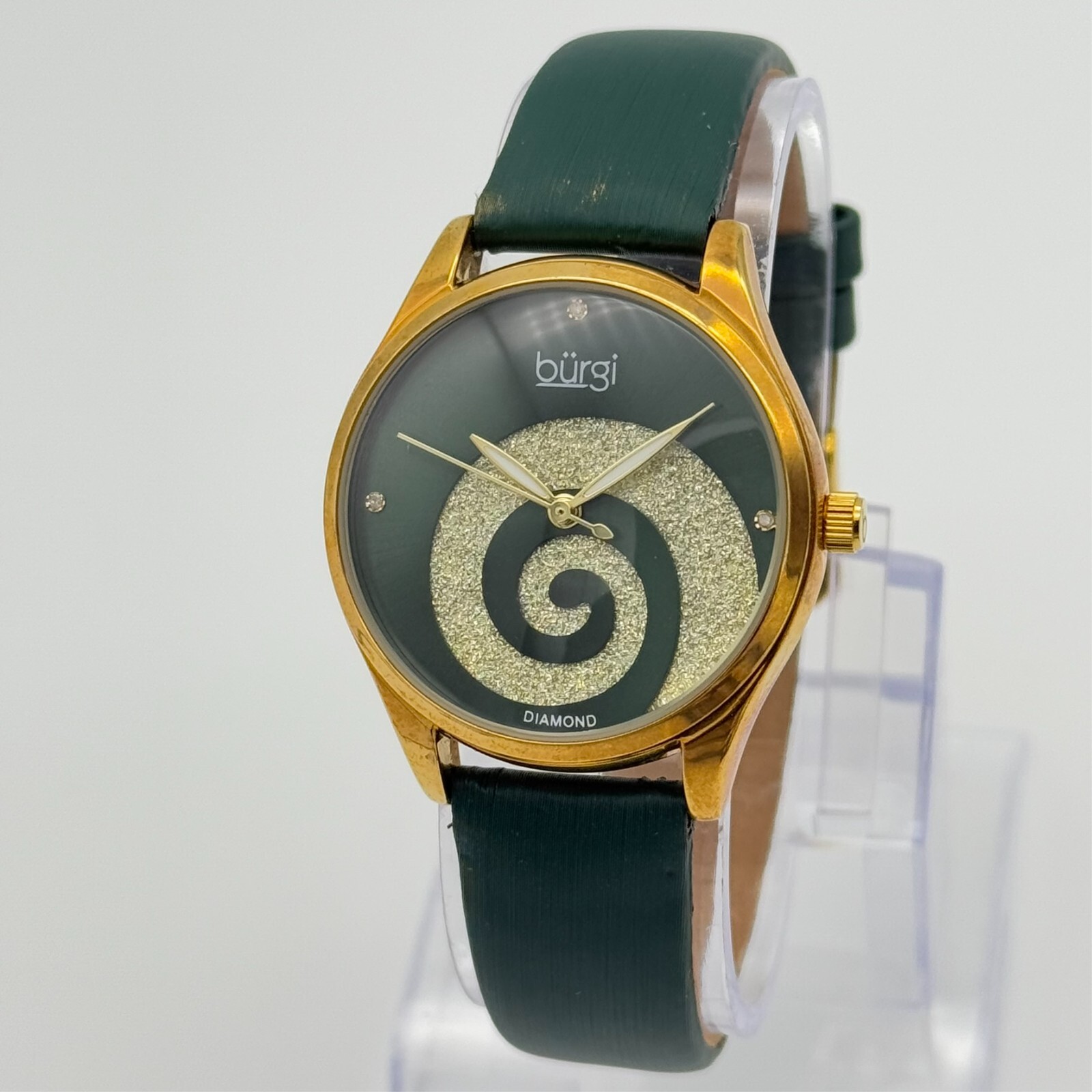 Women’s BURGI Swarovski Swirl Diamond Marker Watch, Green Leather, 34mm BUR201GN