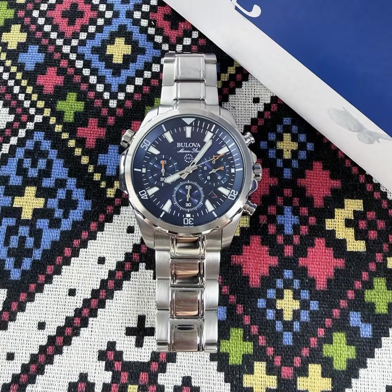 Bulova Classic Marine Star Men’s 96B256 Blue Dial Silver Steel Quartz Watch 43mm