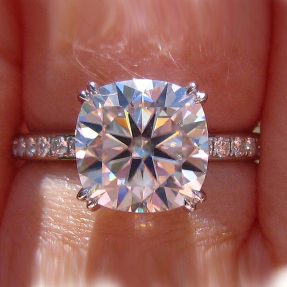 2.4Ctw Cushion Cut Moissanite Double Prong Engagement Ring 14K White Gold Plated