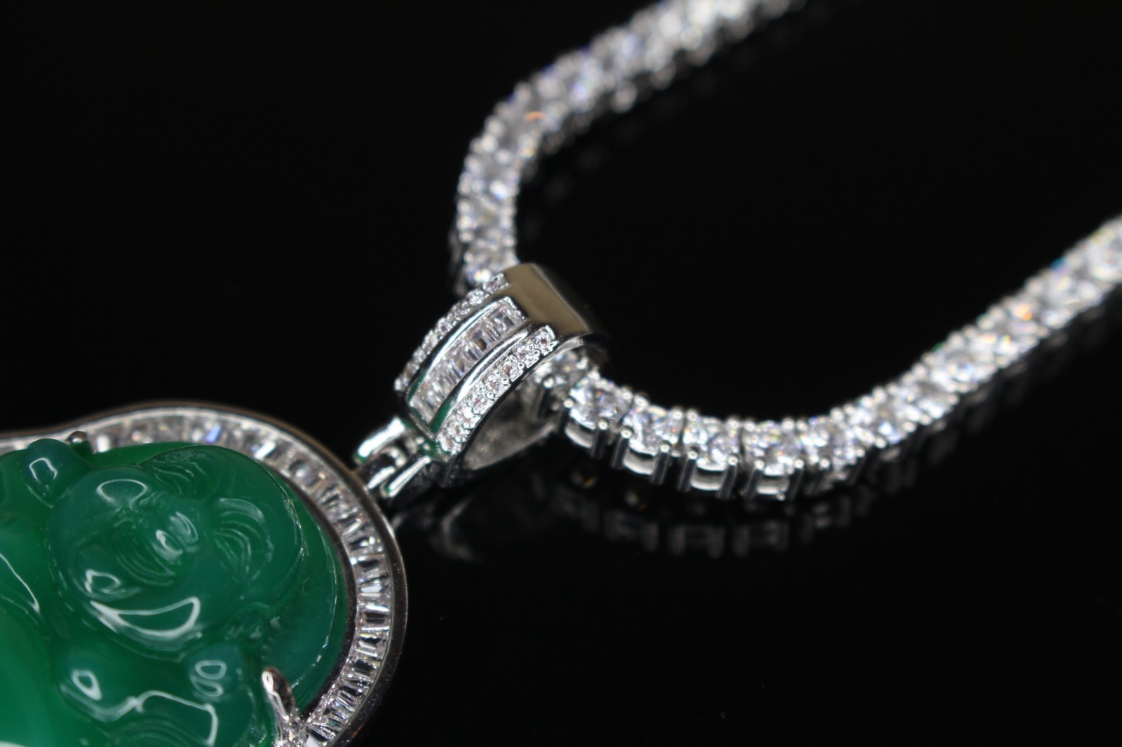 14k STAMPED Happy Buddha GREEN Jade Pendant TENNIS 44ct Lab Sim BAGUETTE Diamond