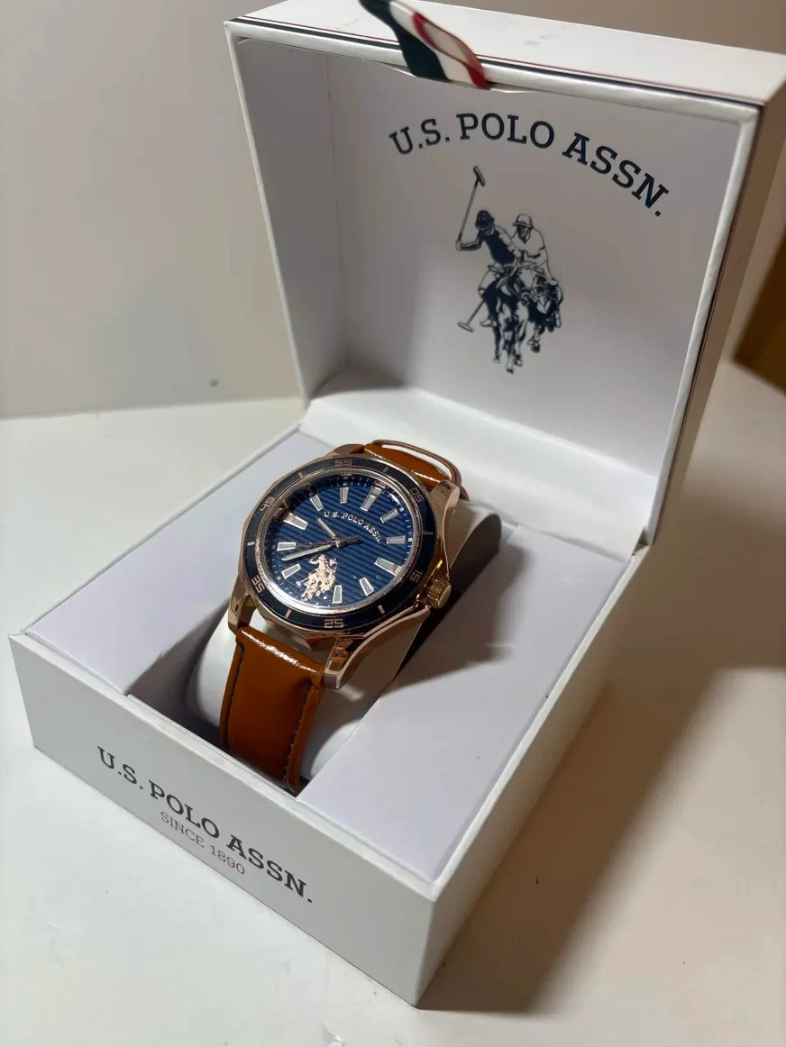 U.S. Polo Assn. Men’s Watch Blue Dial Rose Gold Case Brown Leather Strap New Box